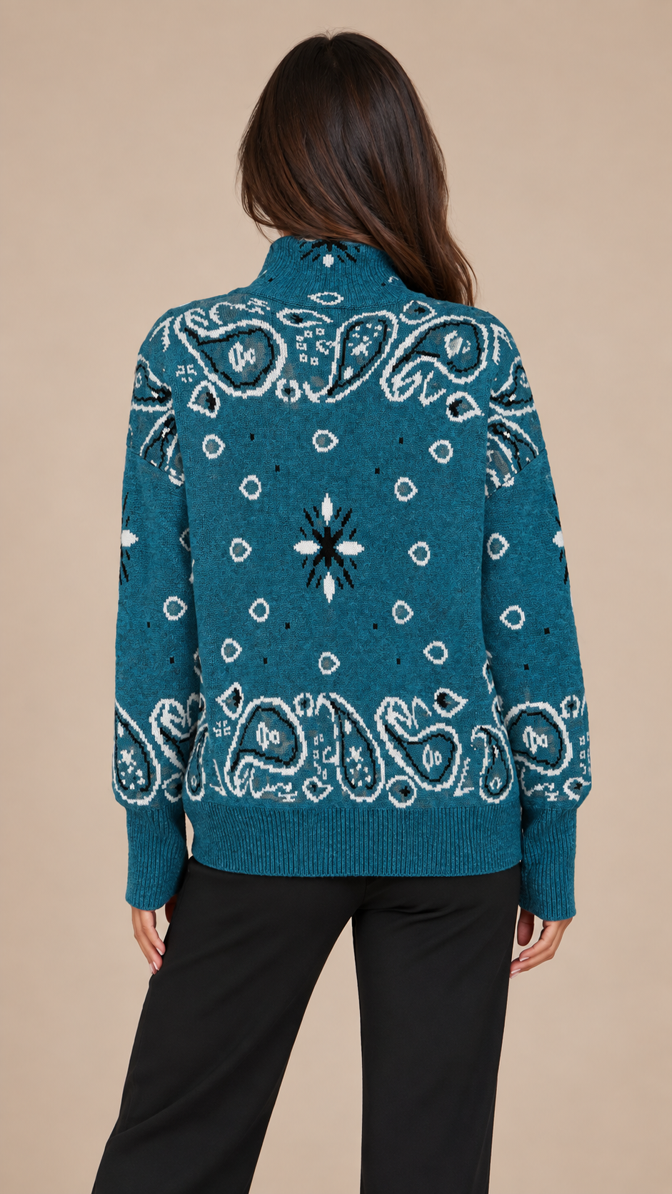 Sienna Paisley Zip Cardigan — Peacock Blue model back