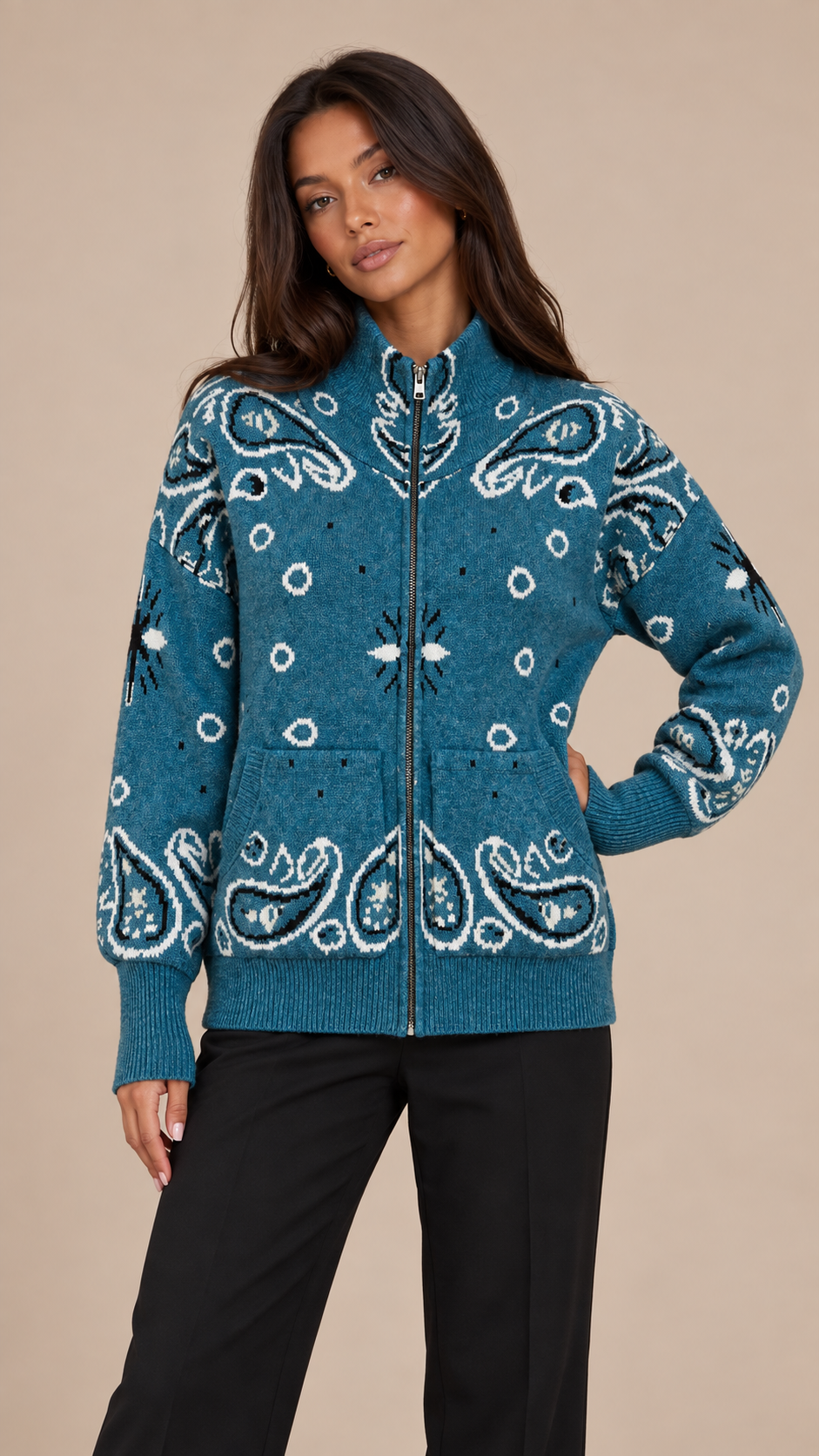 Sienna Paisley Zip Cardigan — Peacock Blue model front