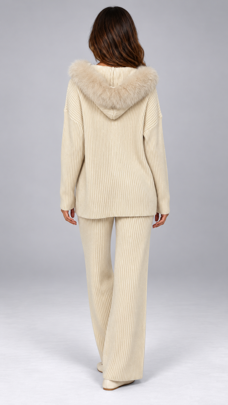 Wilma Fox-Hood Knit Set — Pearl White model back