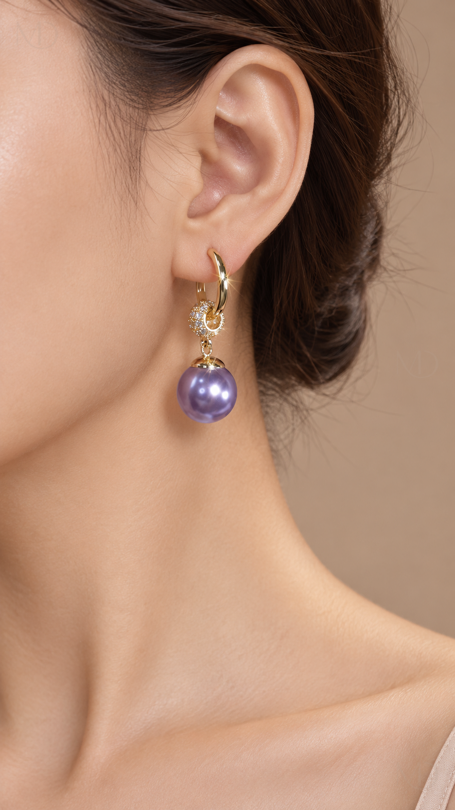 Perle Pearl Drop Earrings - Purple worn model close-up