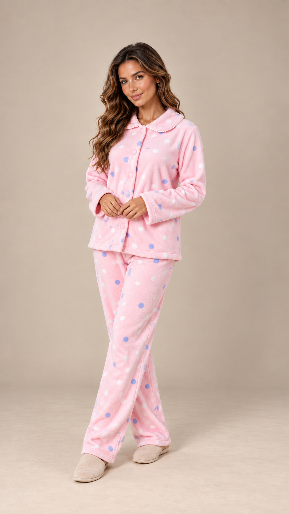 Eloise Fleece Pajama Set — Pink Dots model front