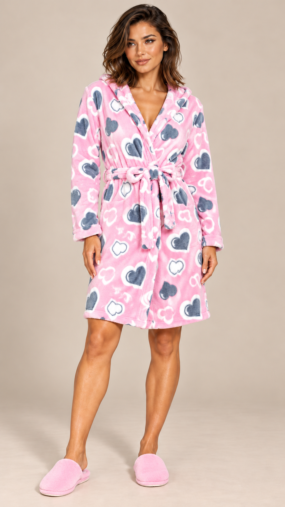 Rosamund Hooded Robe — Pink Heart model front