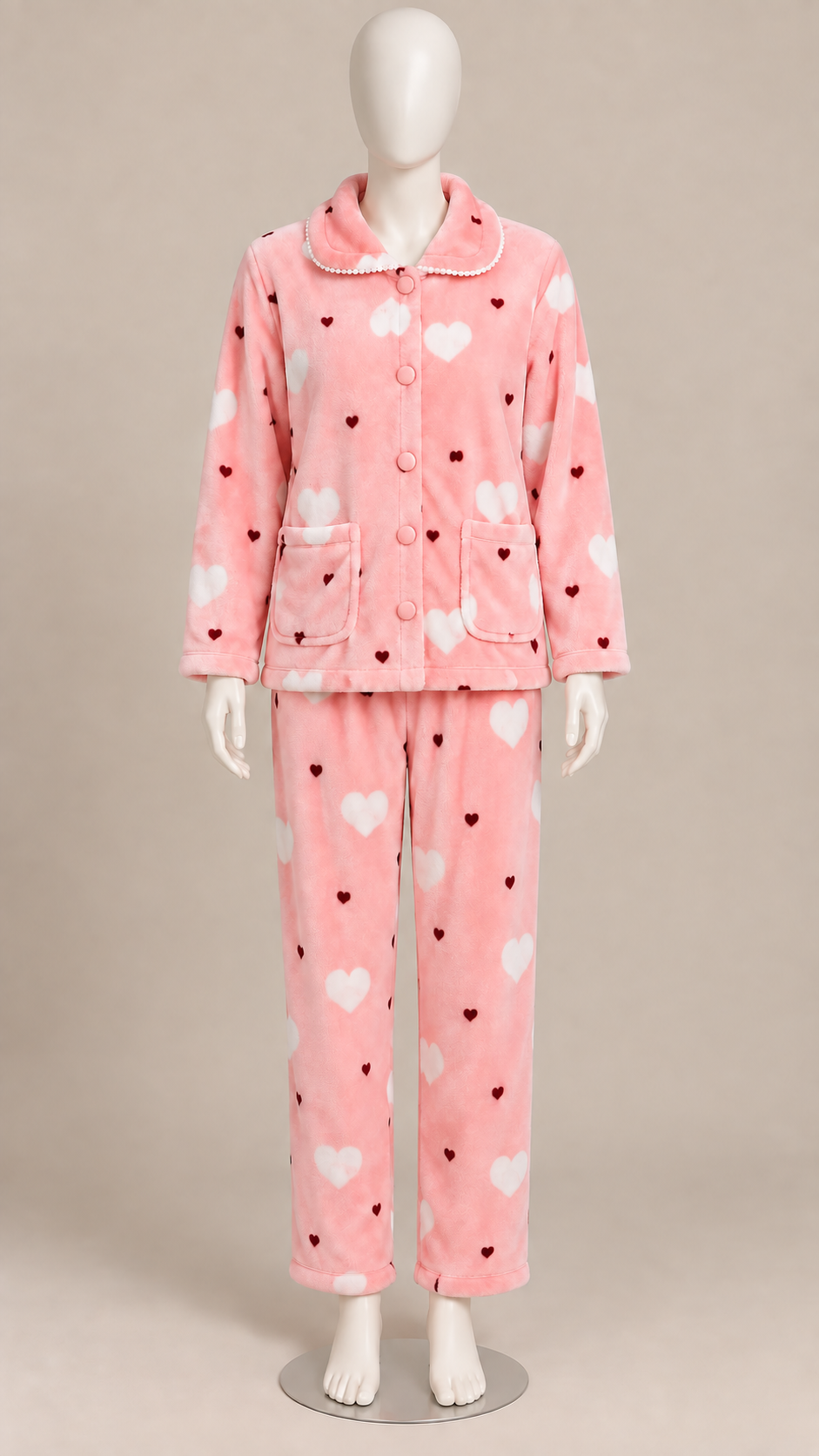 Eloise Fleece Pajama Set — Pink Hearts mannequin front