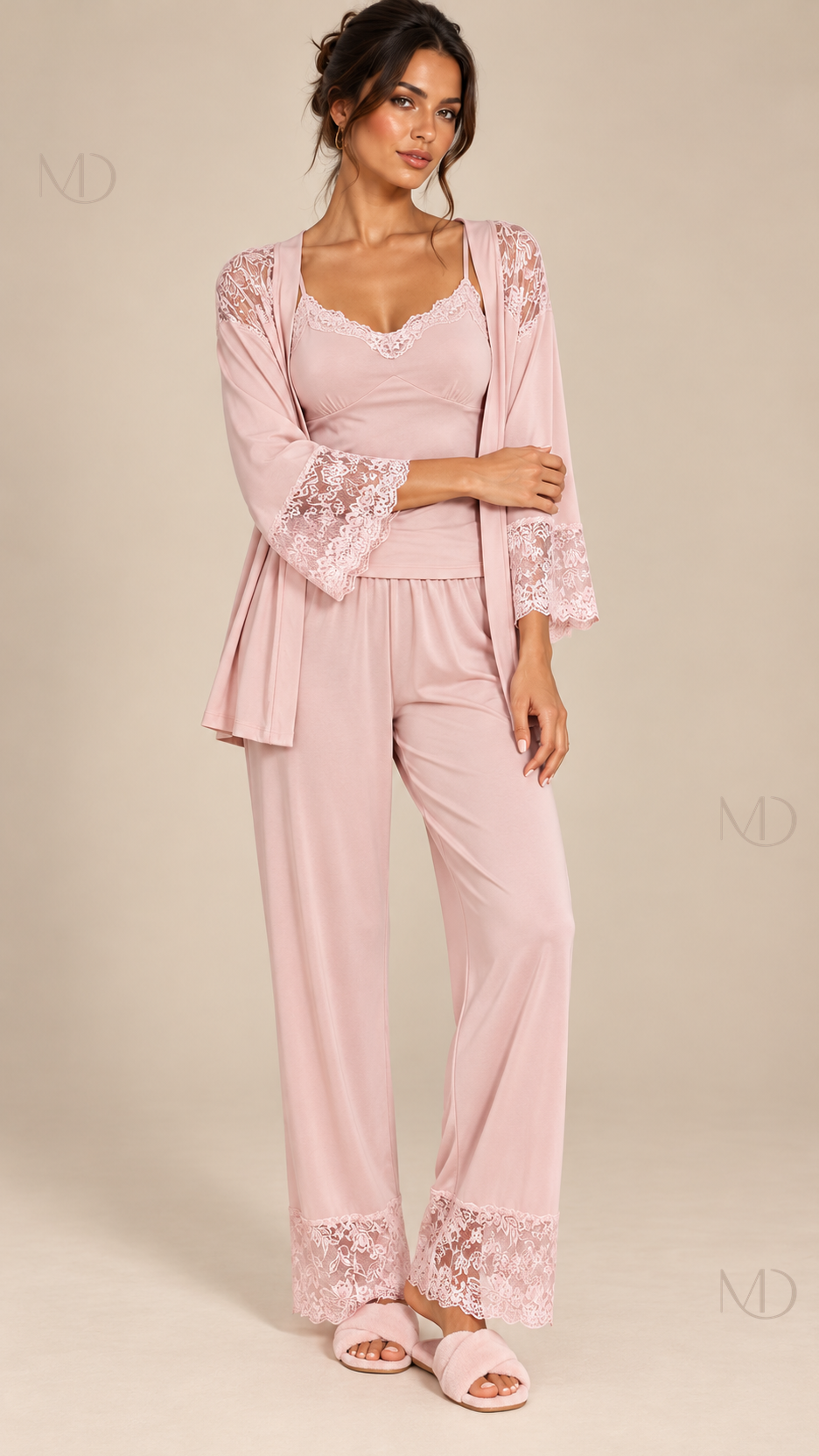 Fabiola Lace-Trim Pajama Set — Pink model front