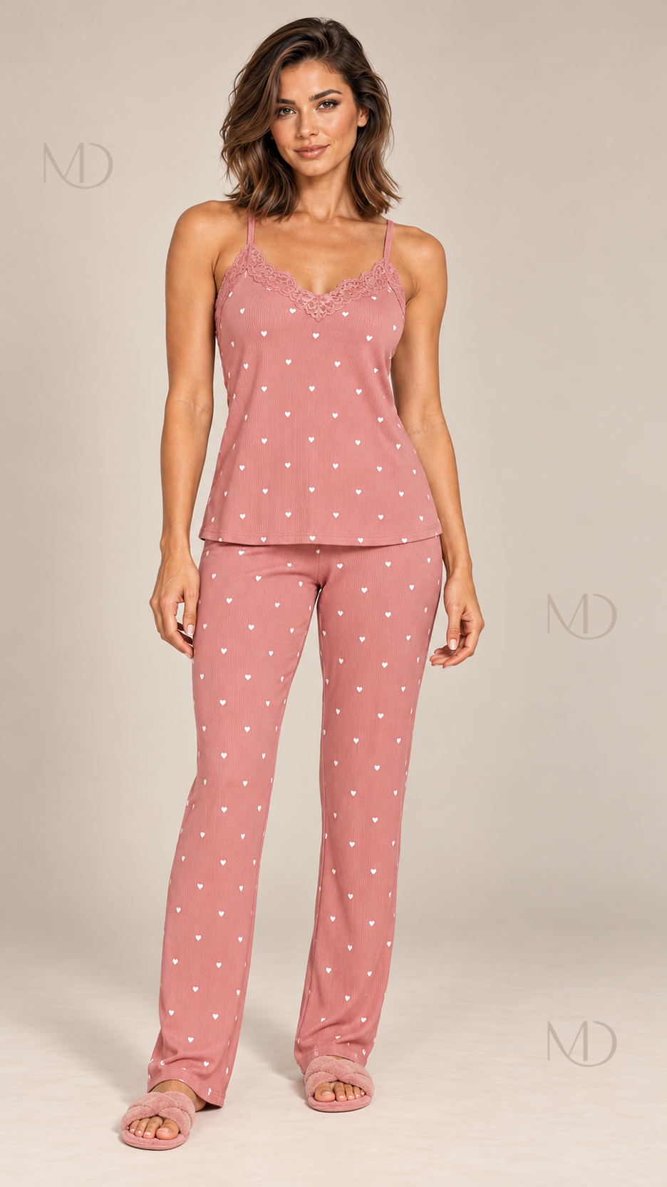 Fiammetta Heart-Dot Cami Pajamas — Pink model front