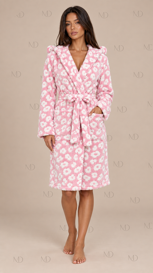 Leona Hooded Fleece Robe — Pink model front