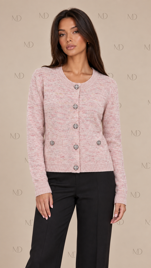 Camille Tweed Knit Cardigan — Pink model front