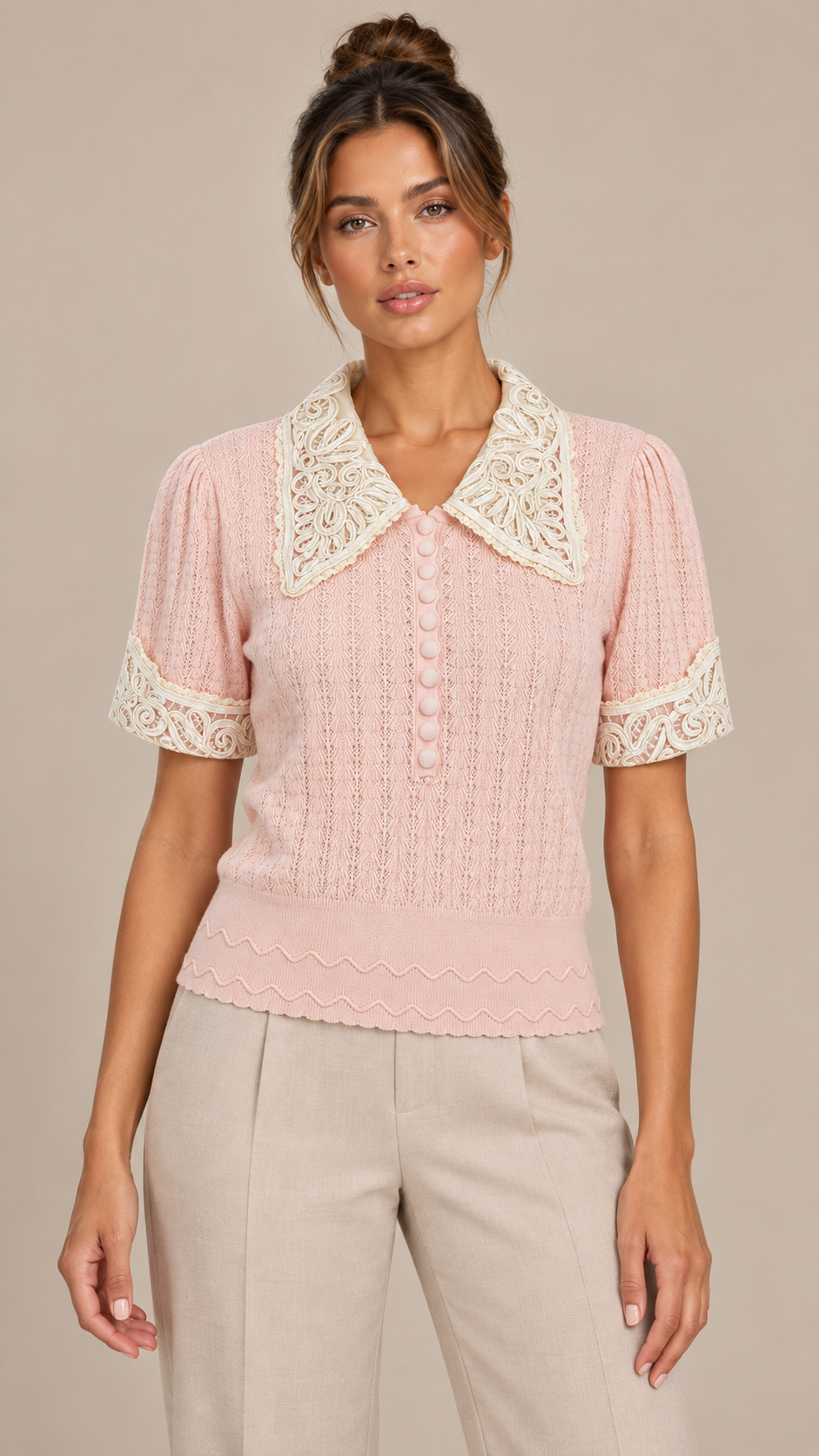 Colette Lace Collar Top — Pink model front