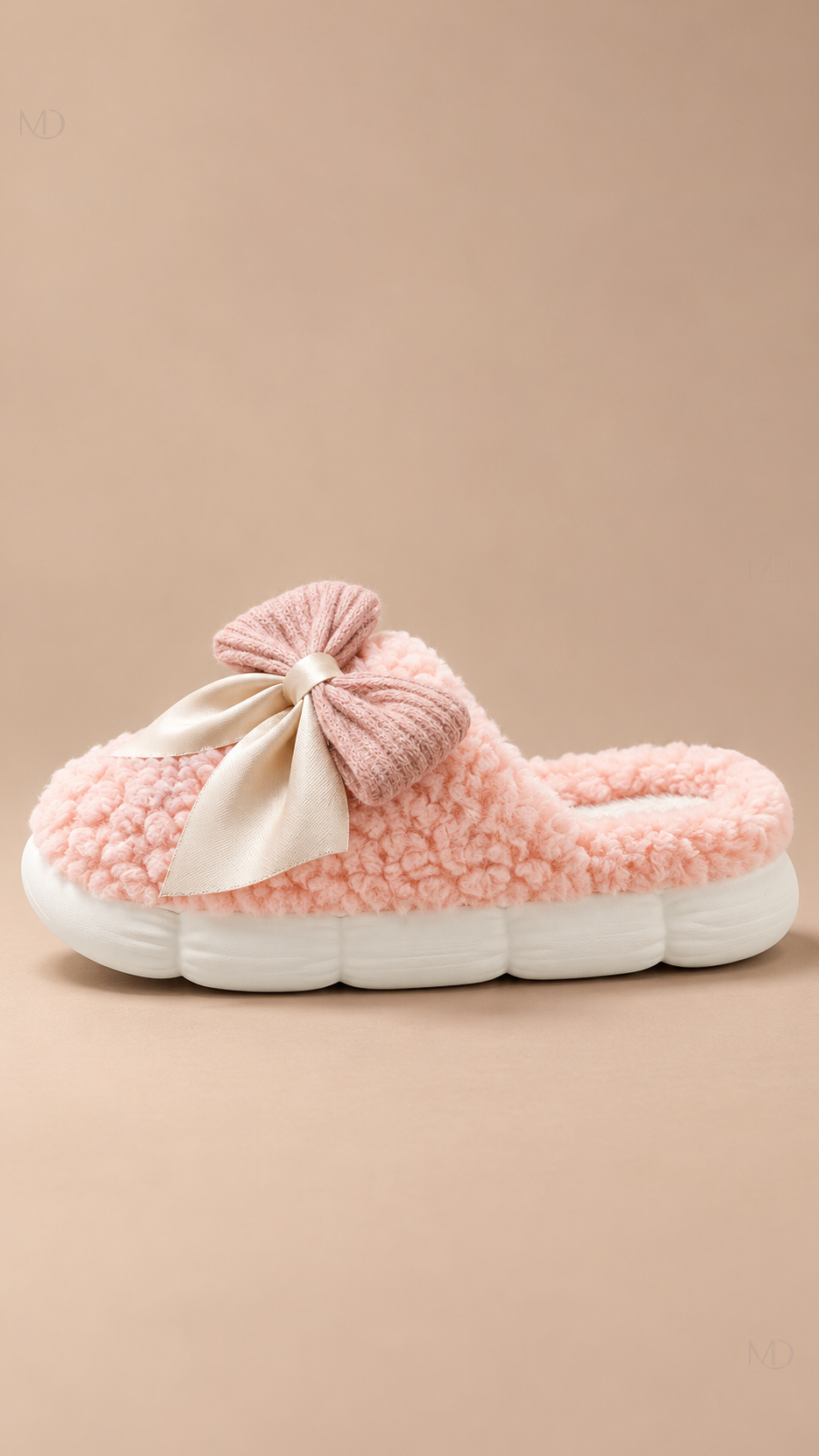 Primrose Bow Plush Slippers — Pink shoe side