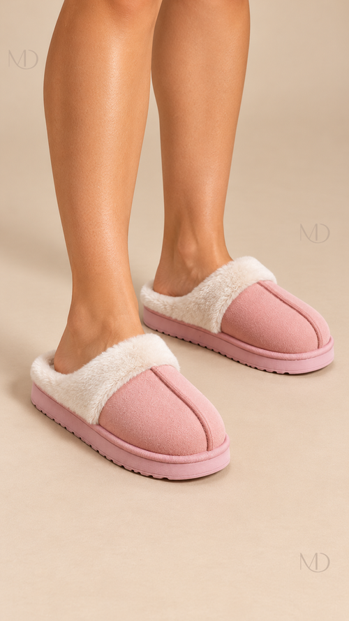Ysaline Suede Slipper — Pink worn closeup