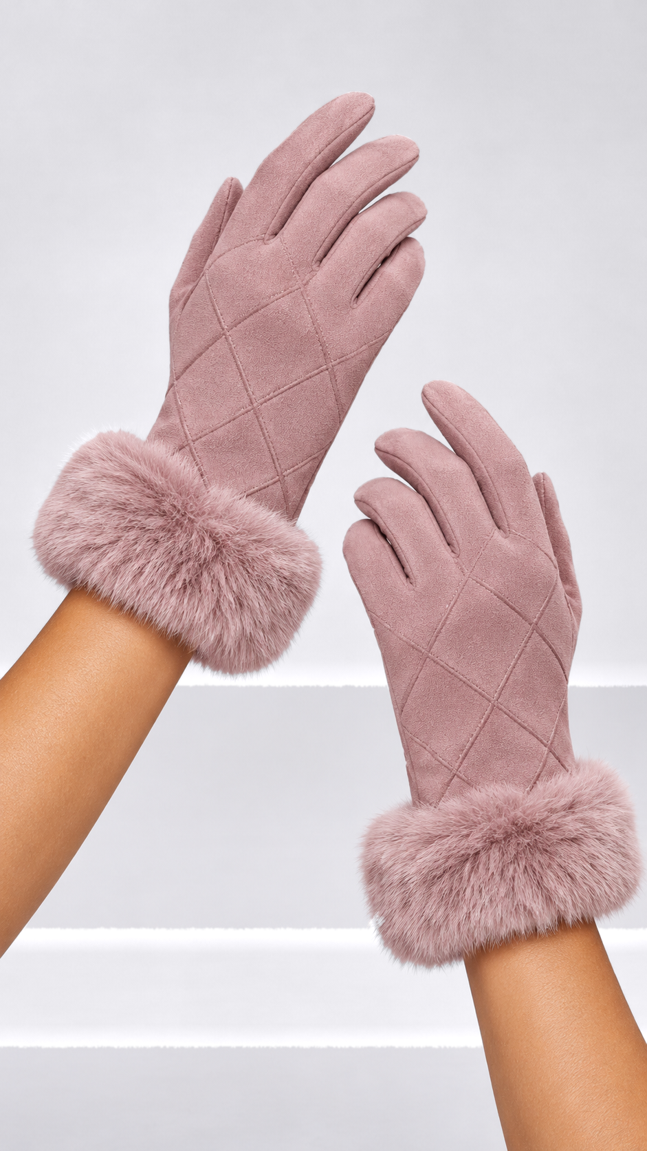 Eulalie Diamond-Quilt Gloves — Pink worn closeup