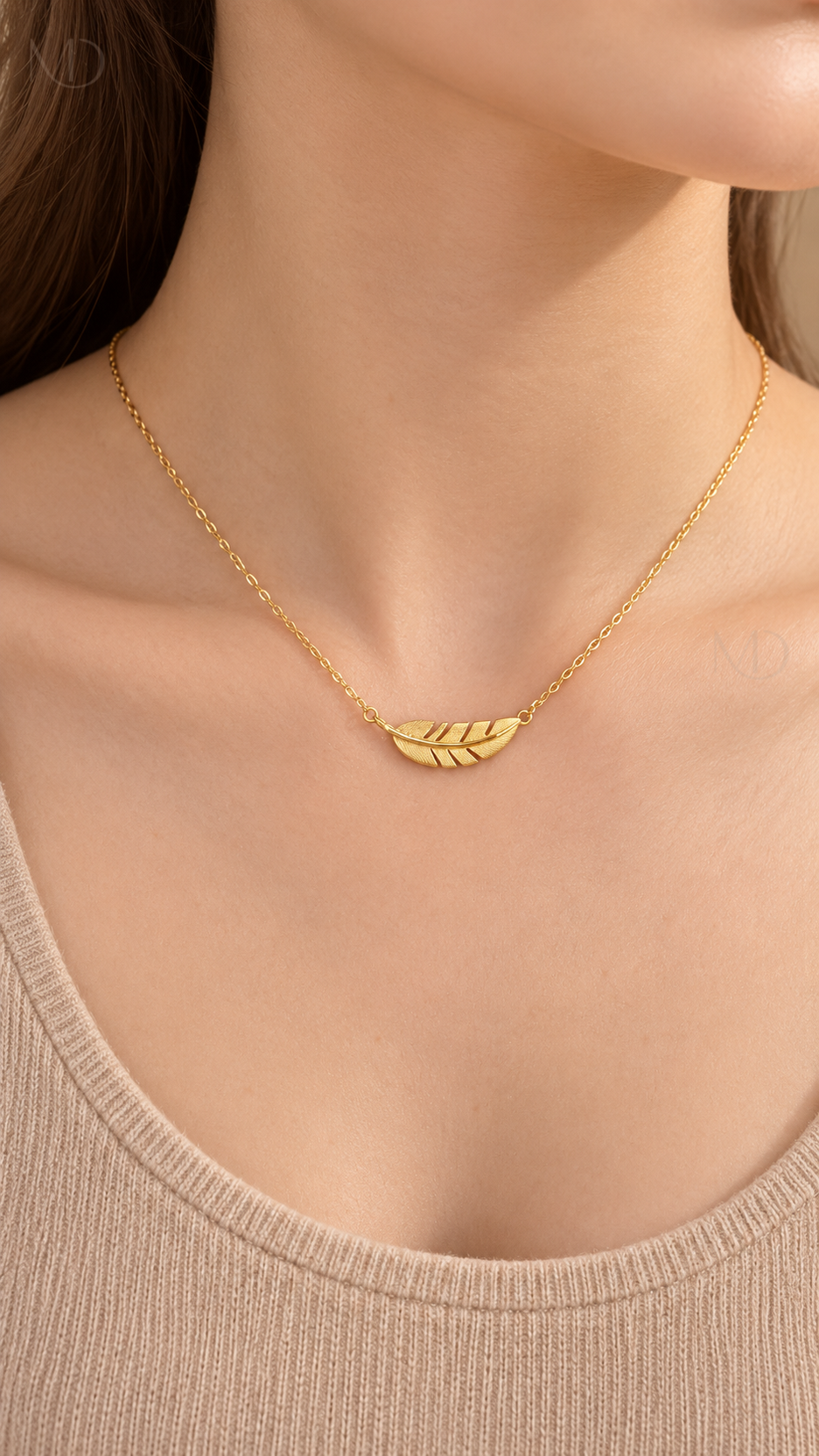 Plume Feather Clavicle Chain - Gold worn model close-up