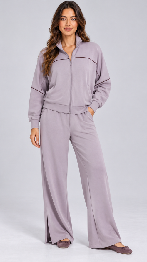 Henna Split-Hem Lounge Set — Purple Gray model front
