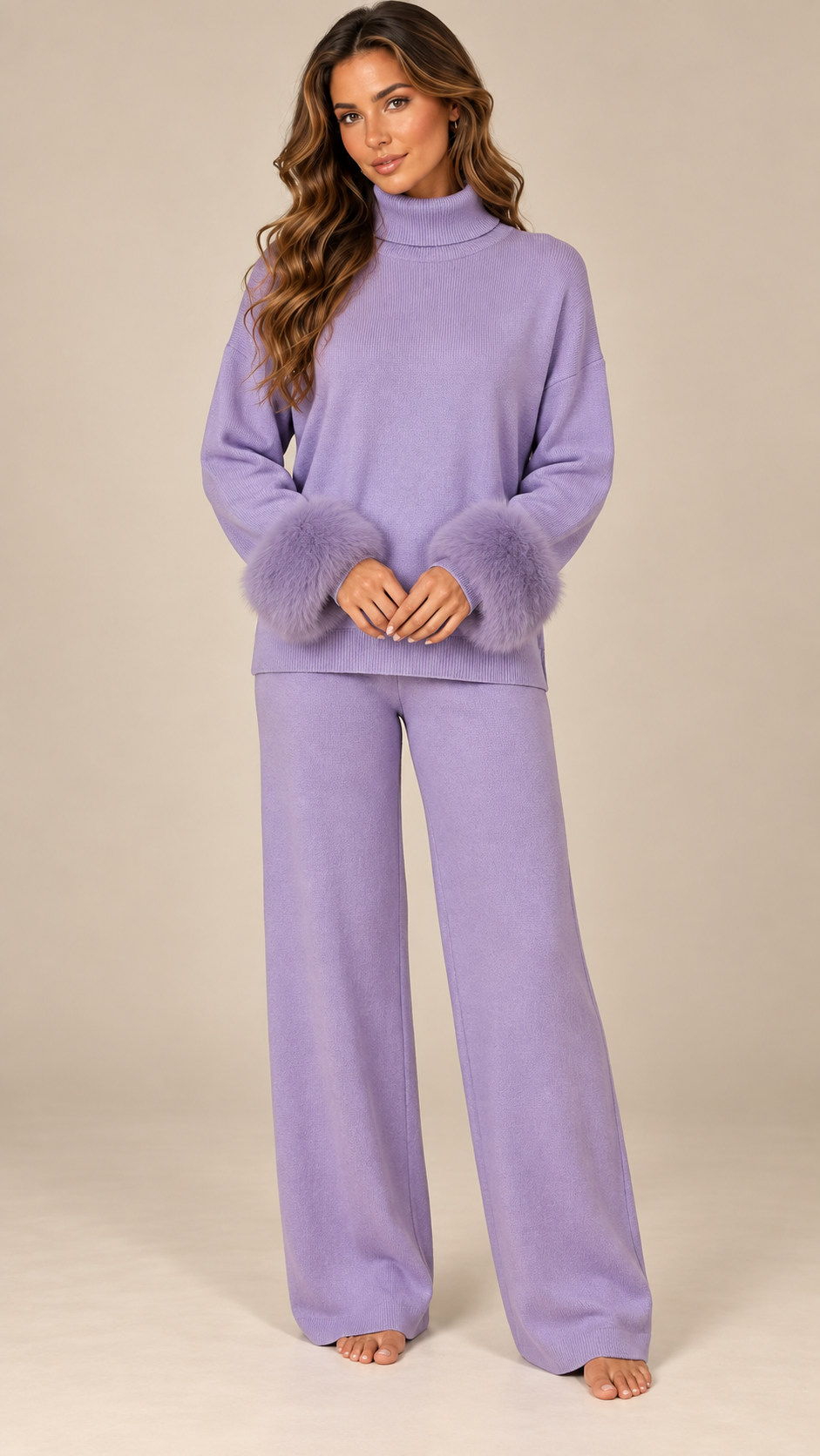 Noor Fur-Pom Knit Set — Purple model front