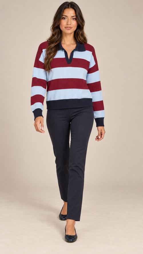 Dorothea Rugby Sweater — Red/Blue model front