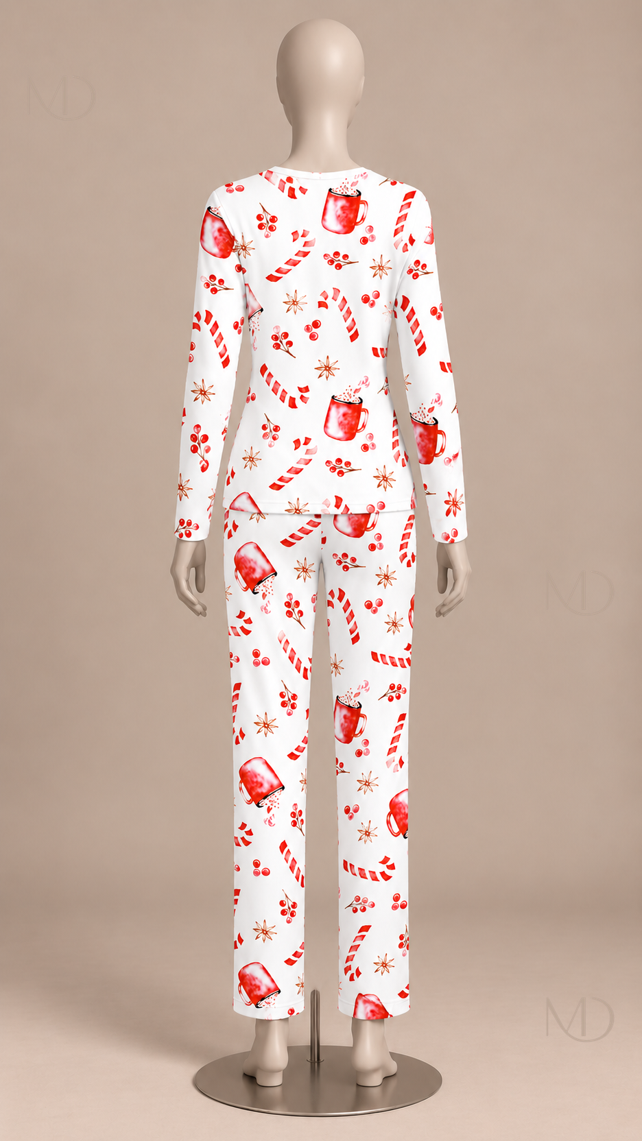 Marlowe Candy-Cane Pajama Set — Red flower on white background mannequin back