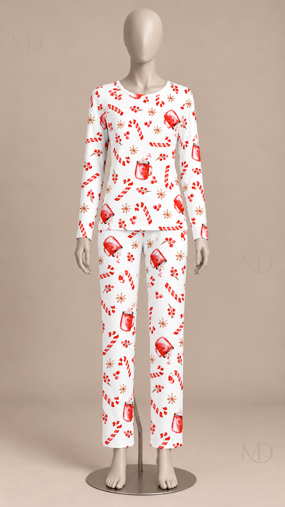 Marlowe Candy-Cane Pajama Set — Red flower on white background mannequin front