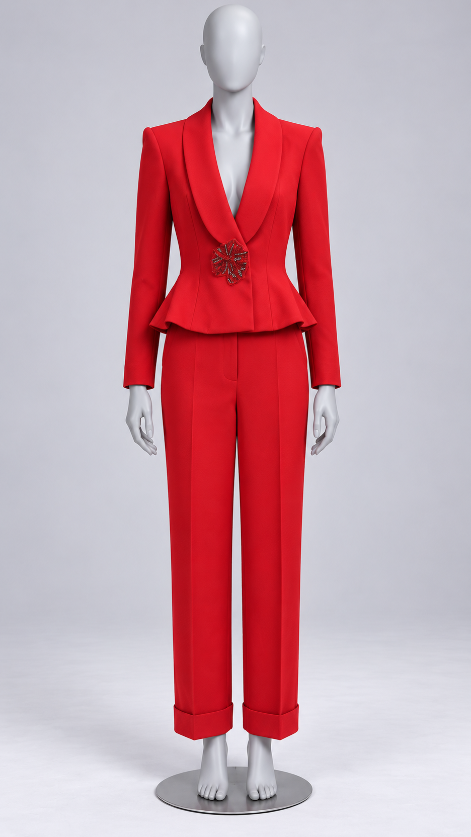 Carmela Shawl-Collar Suit Set — Red mannequin front