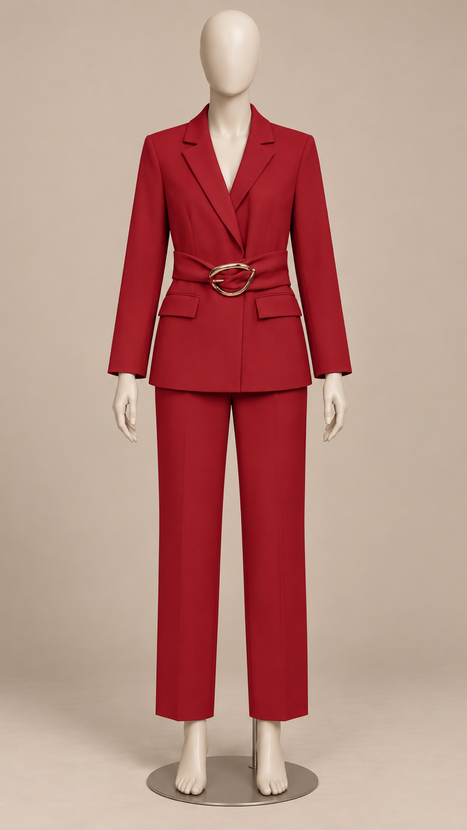 Ondrea Sculpted-Buckle Blazer — Red mannequin front