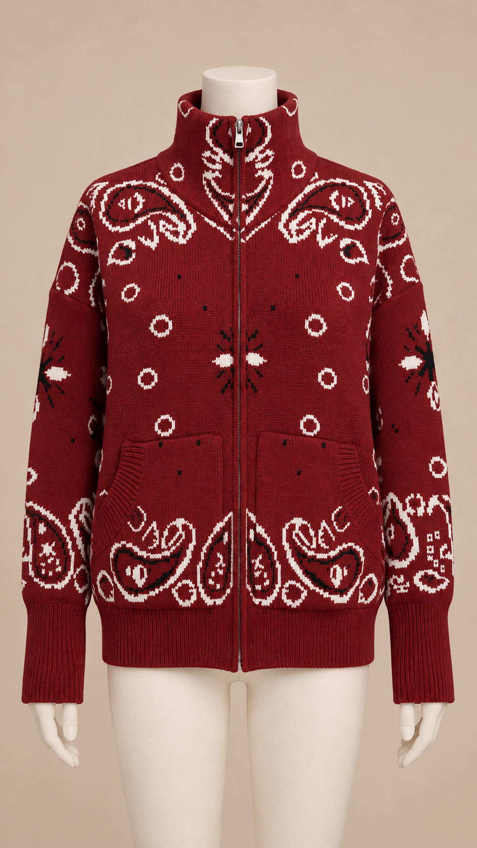 Sienna Paisley Zip Cardigan — Red mannequin front