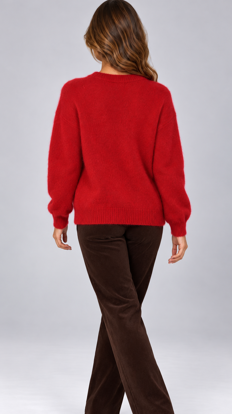 Celestine Shell-Button Cardigan — Red model back