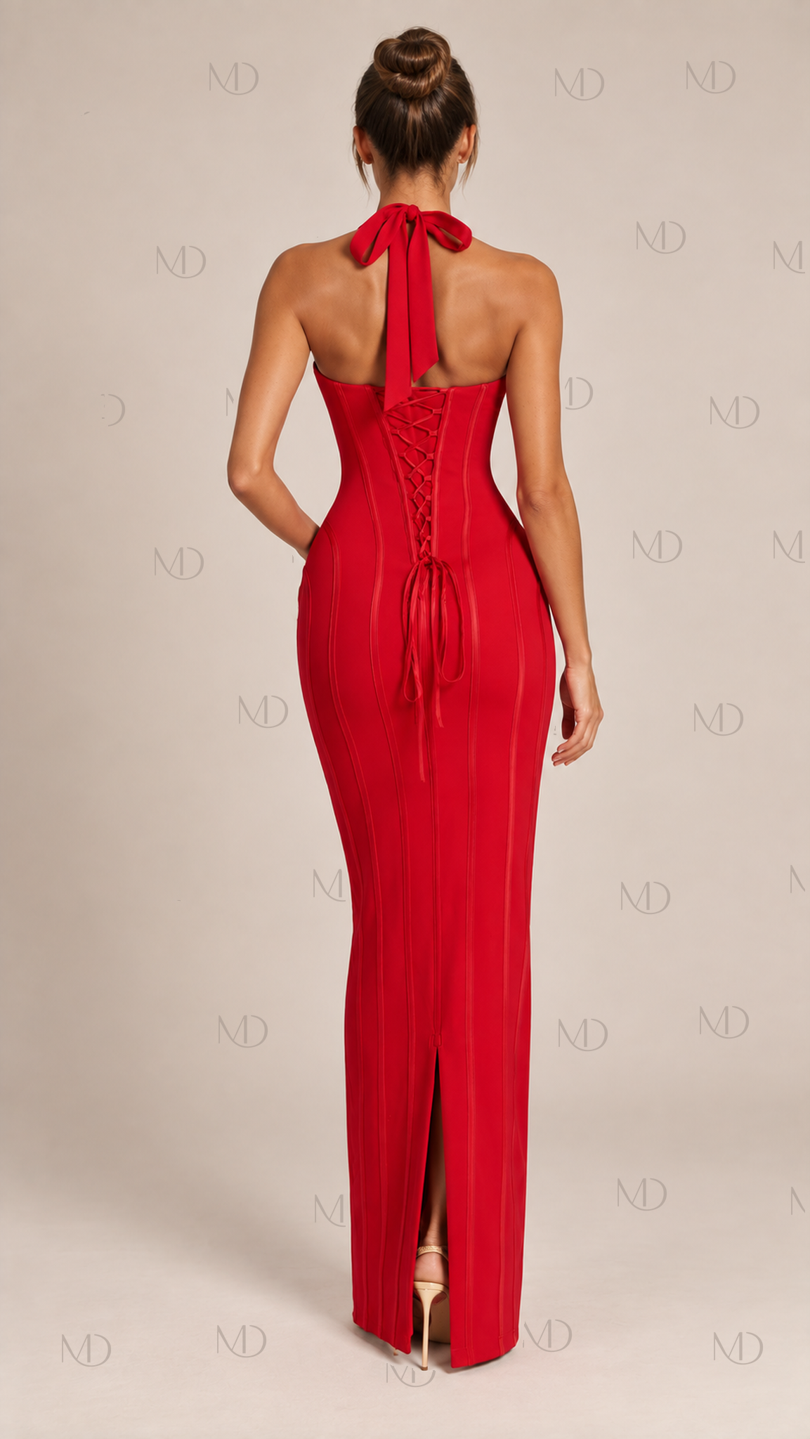 Valentina Halter Corset Maxi Dress — Red model back