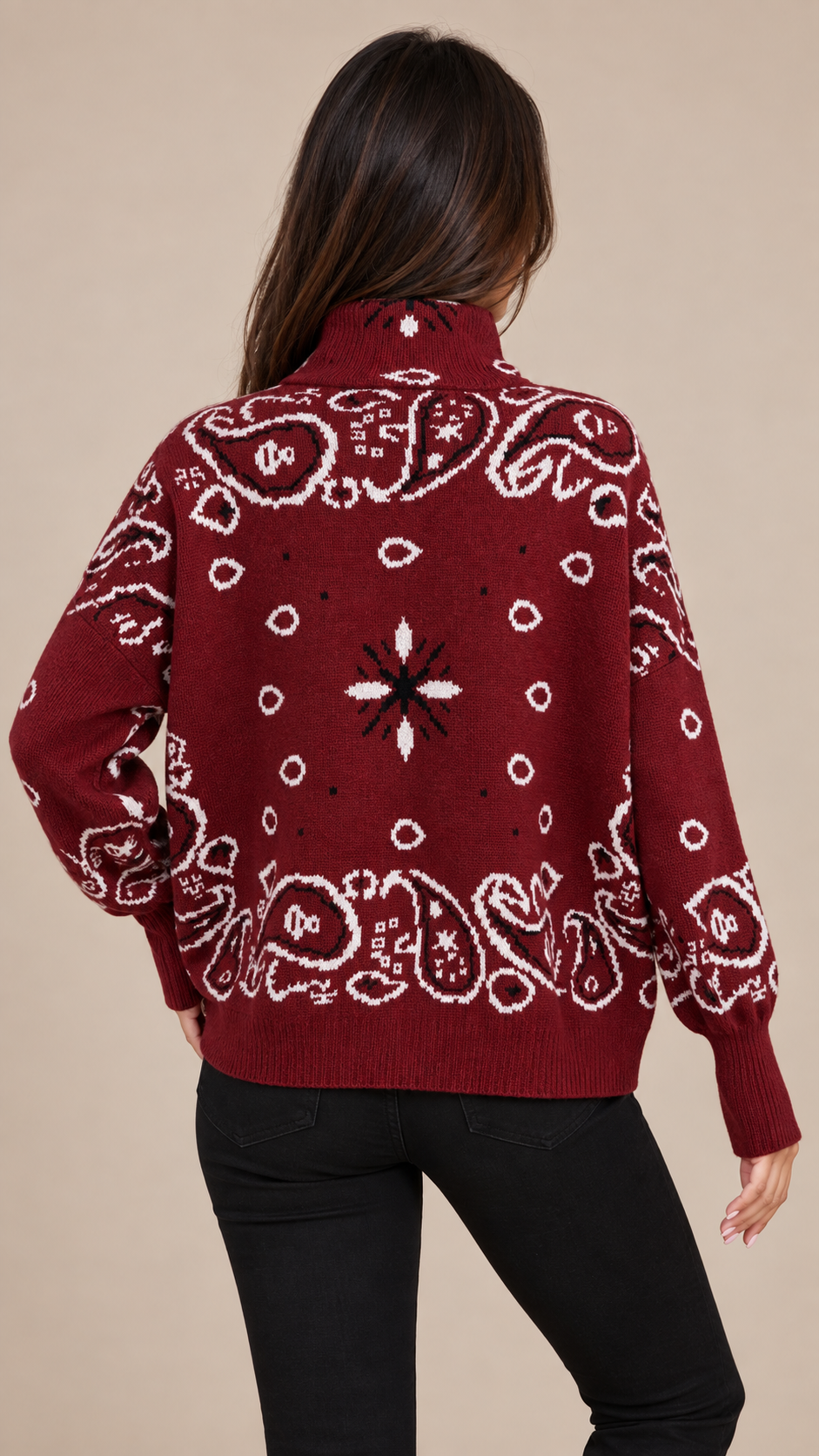 Sienna Paisley Zip Cardigan — Red model back