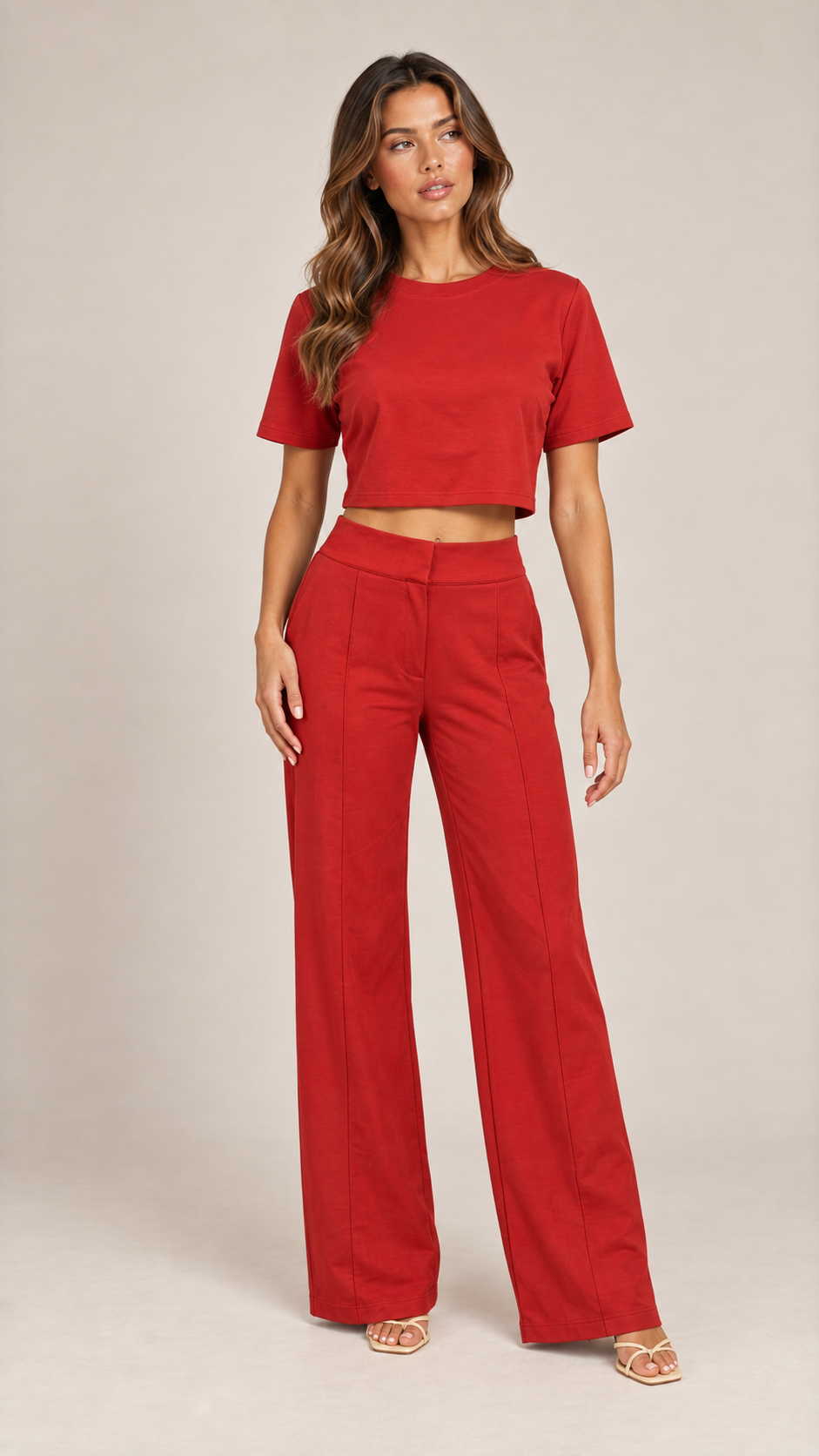 Noelle Cropped Tee Set — Red model front