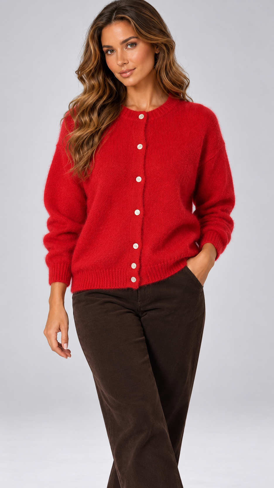 Celestine Shell-Button Cardigan — Red model front