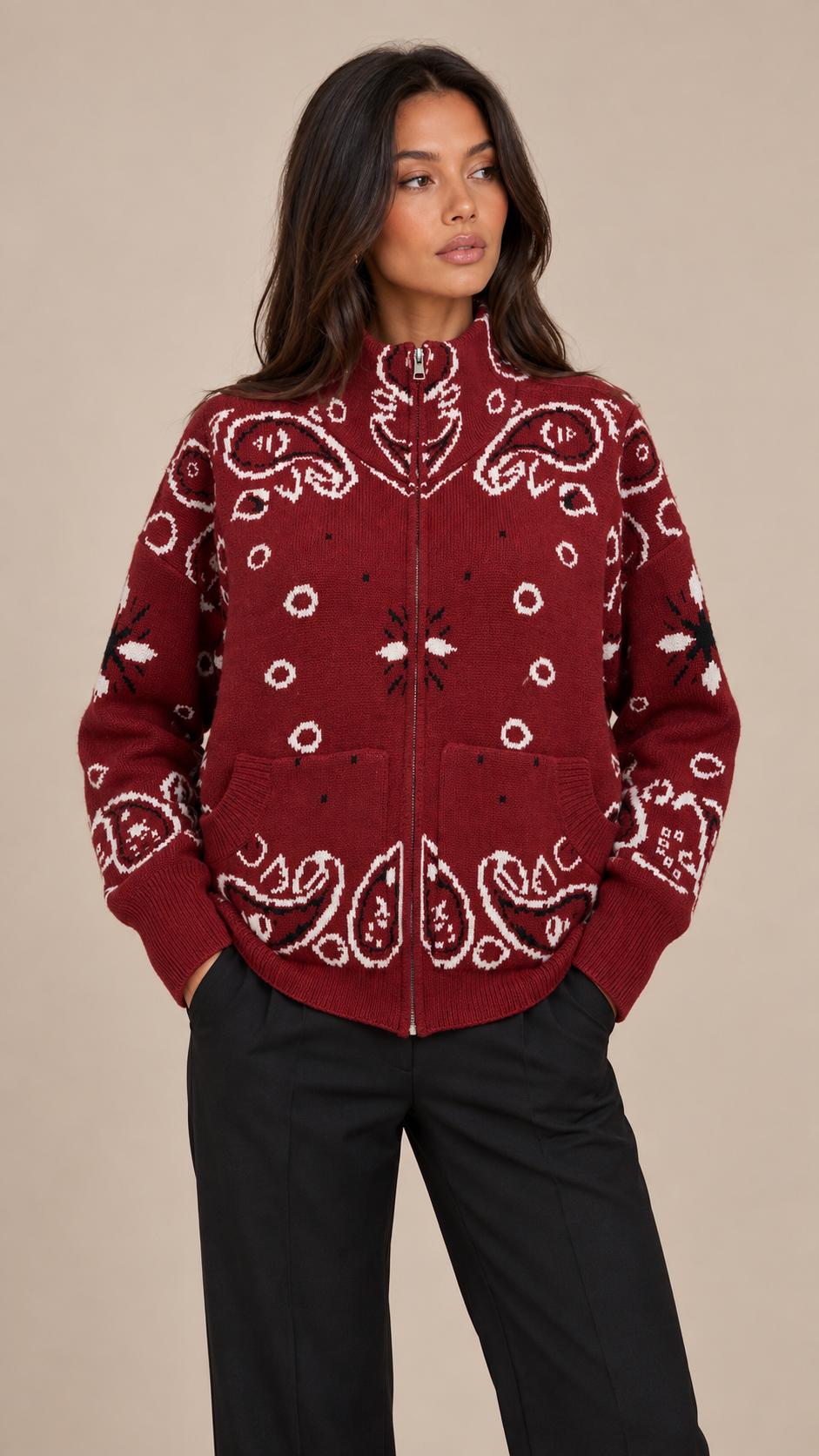 Sienna Paisley Zip Cardigan — Red model front