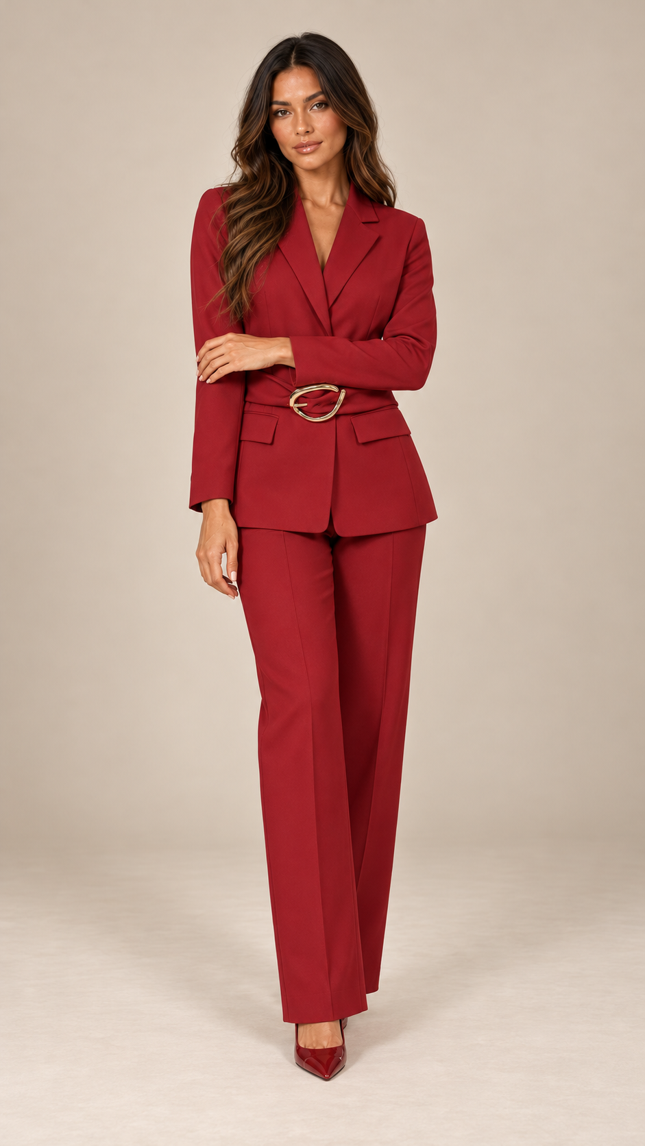 Ondrea Sculpted-Buckle Blazer — Red model front