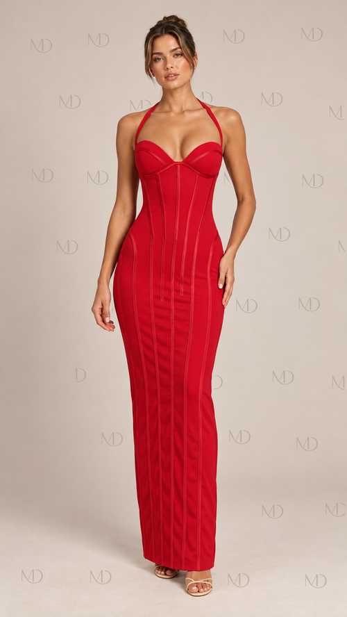 Valentina Halter Corset Maxi Dress — Red model front