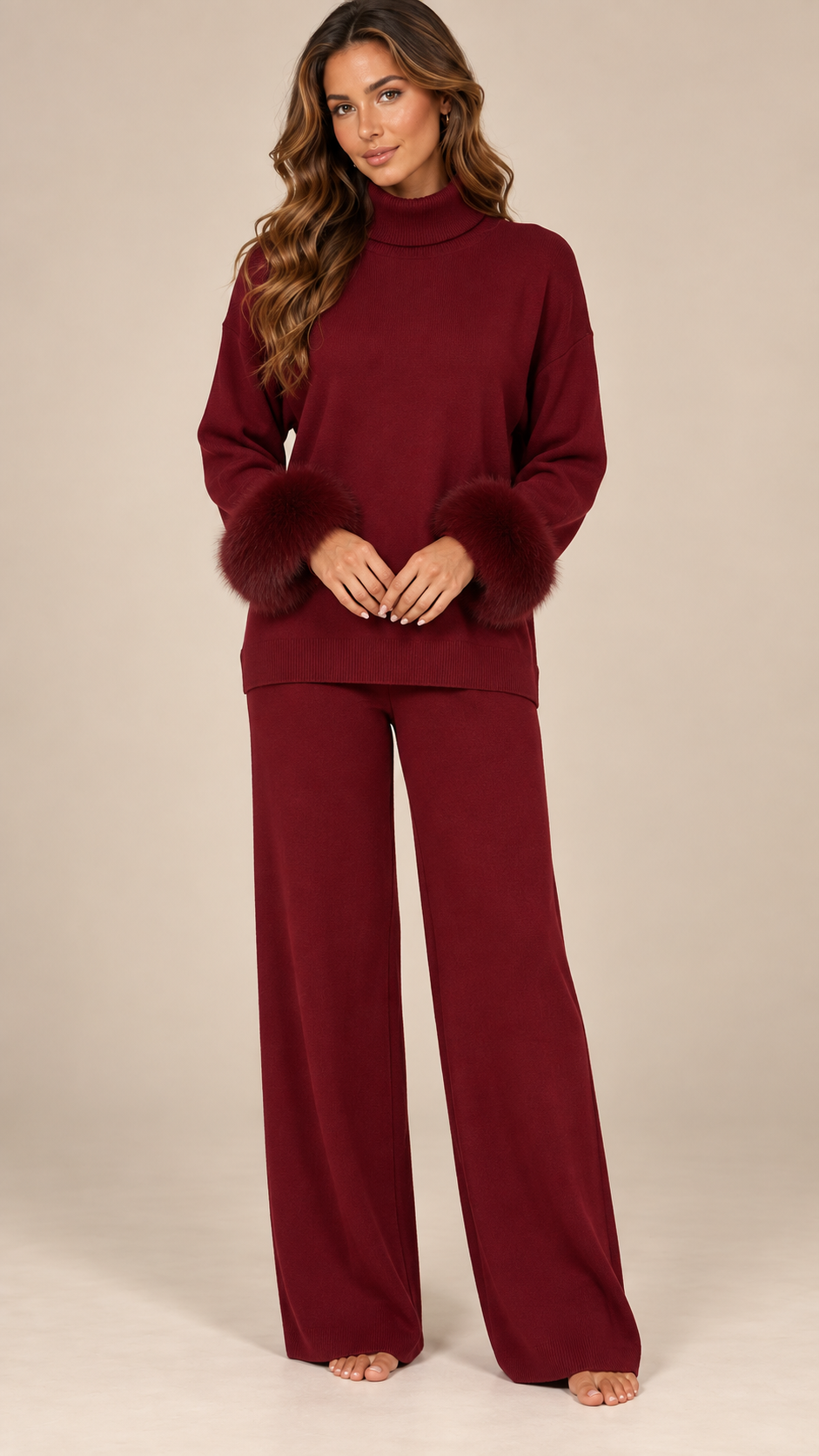 Noor Fur-Pom Knit Set — Red model front
