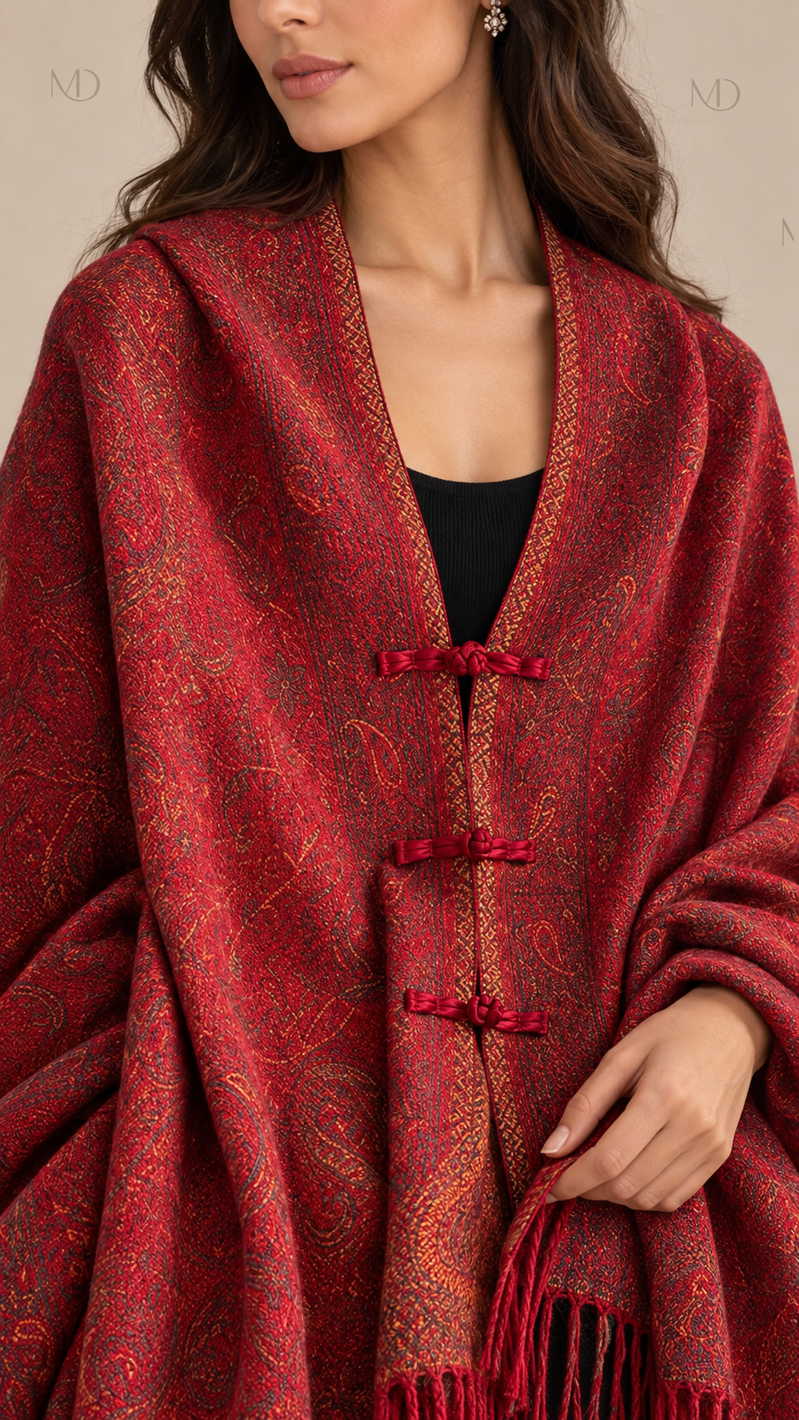 Meiling Paisley Frog-Button Shawl — Red worn closeup