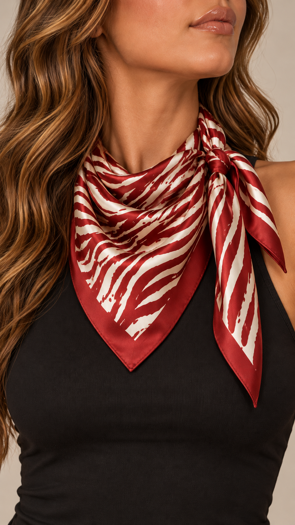Marcella Zebra Satin Scarf — Red worn closeup