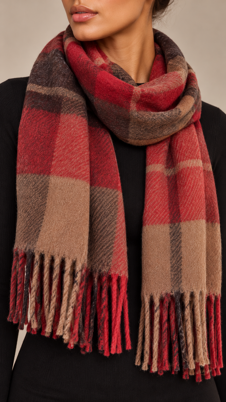 Elvira Tartan Scarf — Red worn closeup
