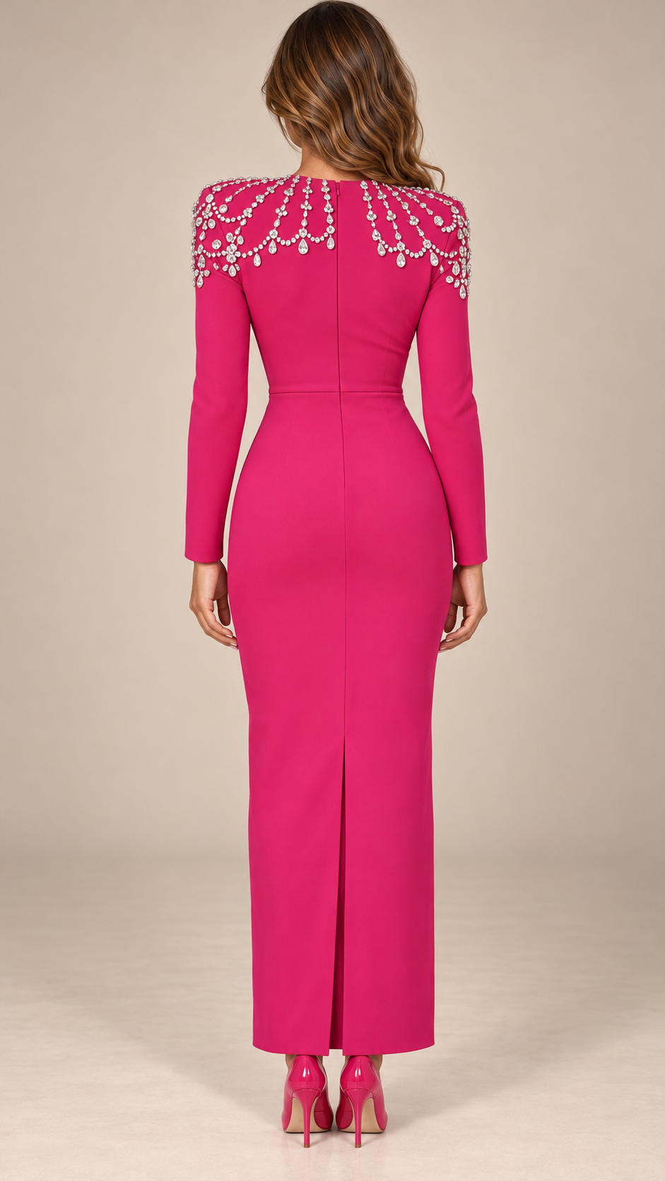 Calanthe Jeweled-Shoulder Maxi — Rose Red model back
