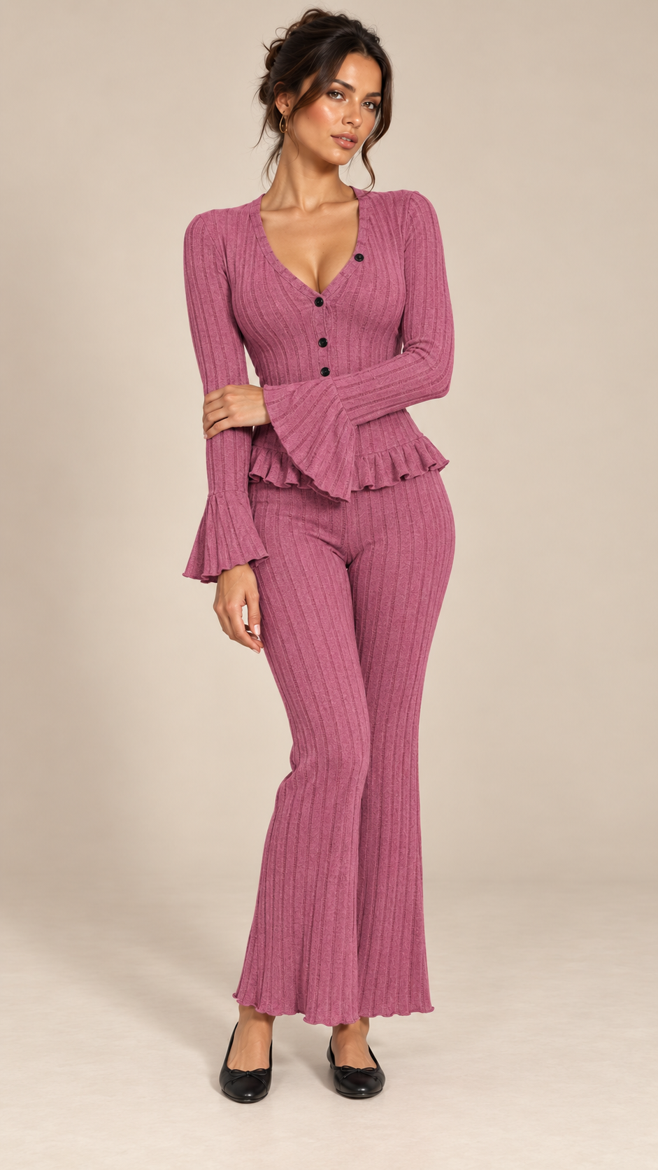 Pascaline Bell-Sleeve Set — Rose Red model front