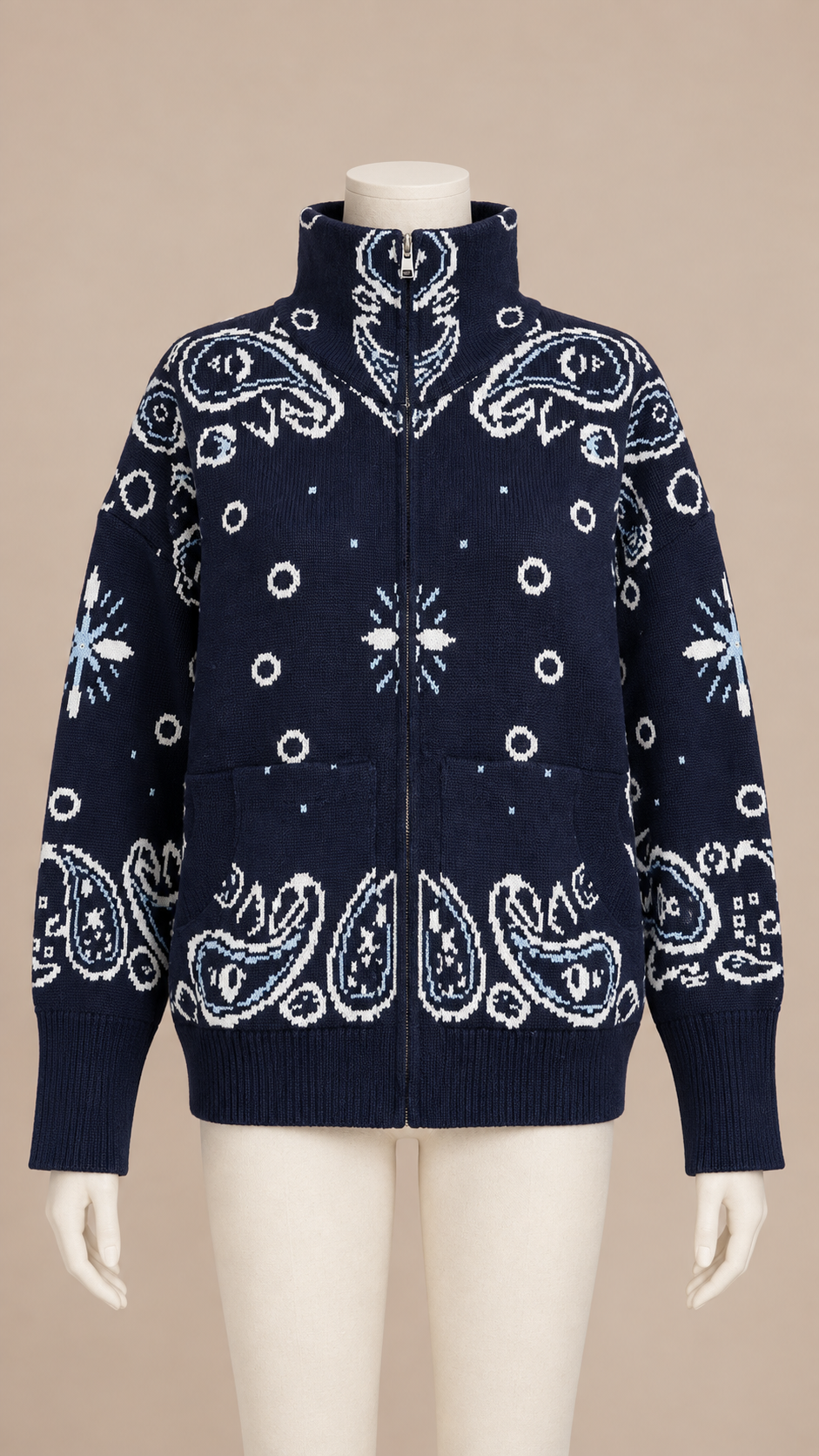 Sienna Paisley Zip Cardigan — Royal Blue mannequin front