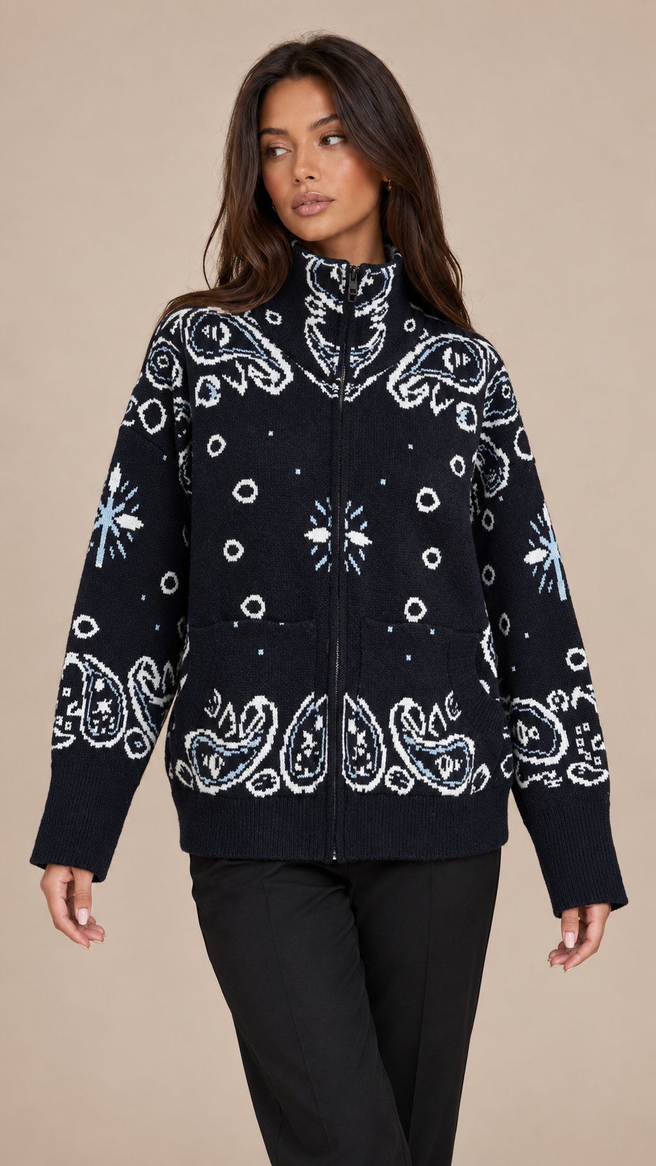 Sienna Paisley Zip Cardigan — Royal Blue model front