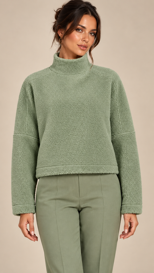 Ilse Mock-Neck Fleece Crop — Sage Green model front