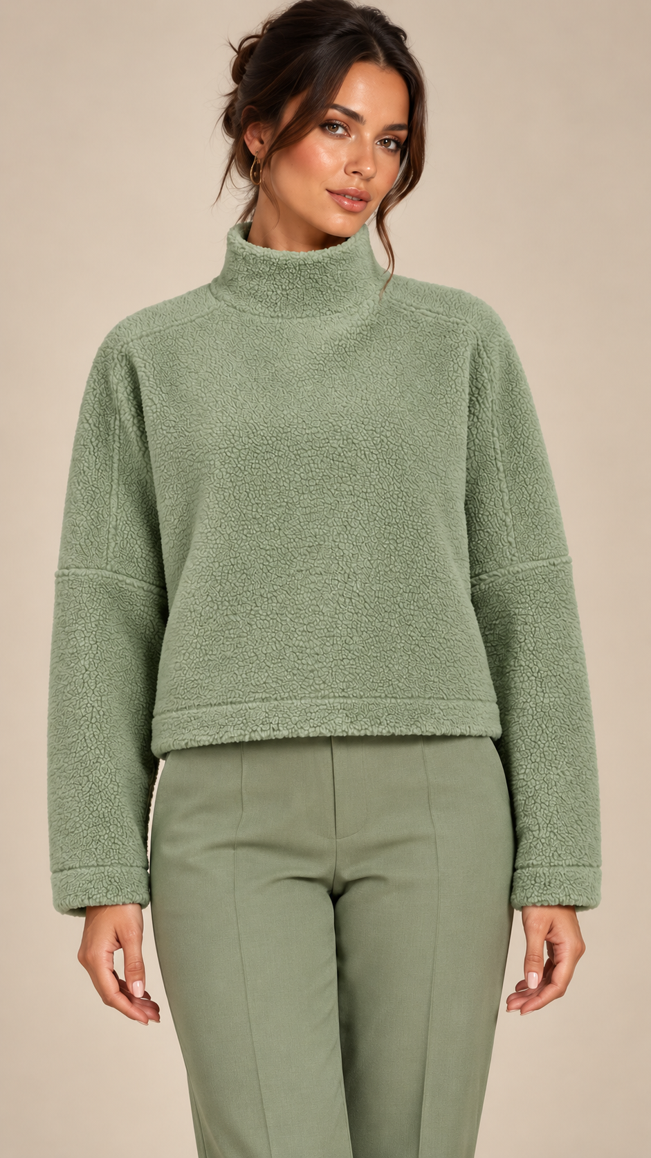 Ilse Mock-Neck Fleece Crop — Sage Green model front