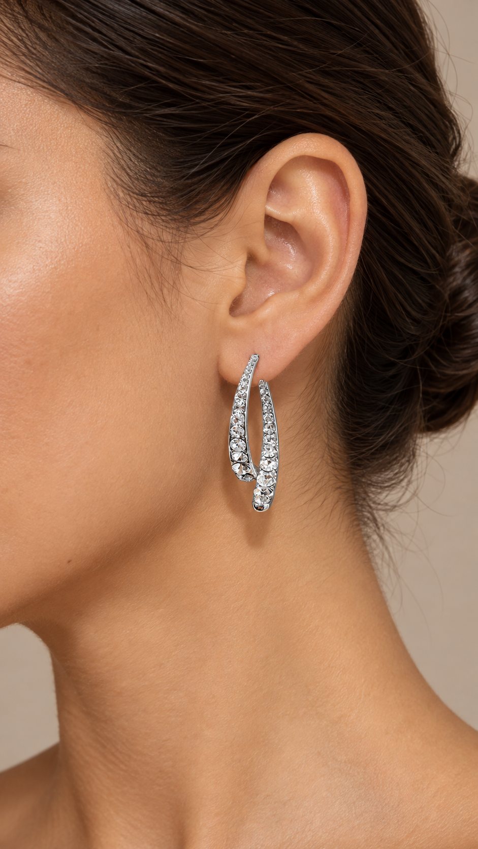Noemi Pave Crossover Hoops — Silver Crystal worn closeup