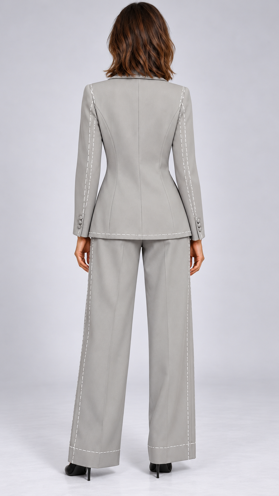 Elinor Saddle-Stitch Suit — Silver gray model back