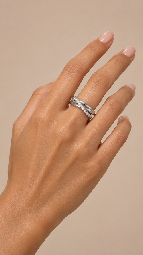 Nova Triple Band Crystal Ring — Silver model closeup