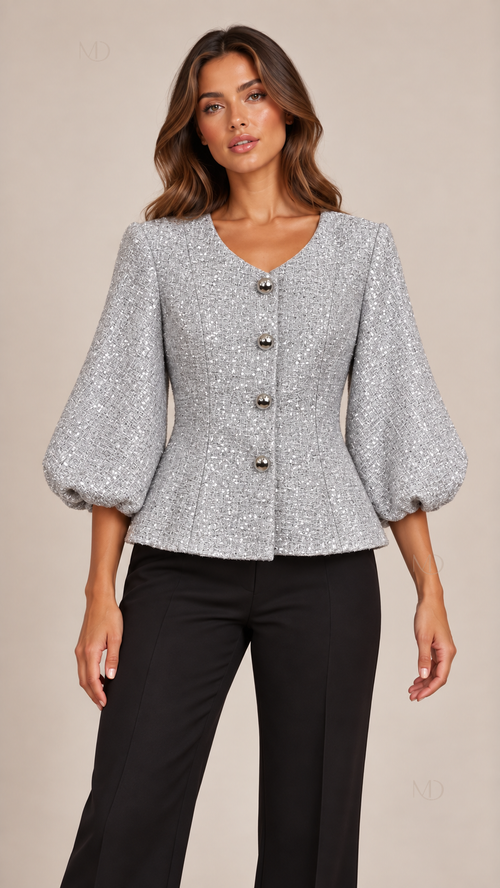 Colette Sequin Tweed Jacket — Silver model front