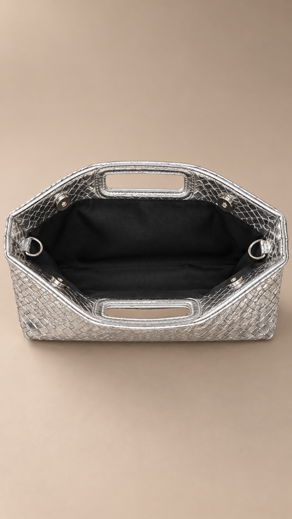 Delphine Woven Clutch — Silver product open