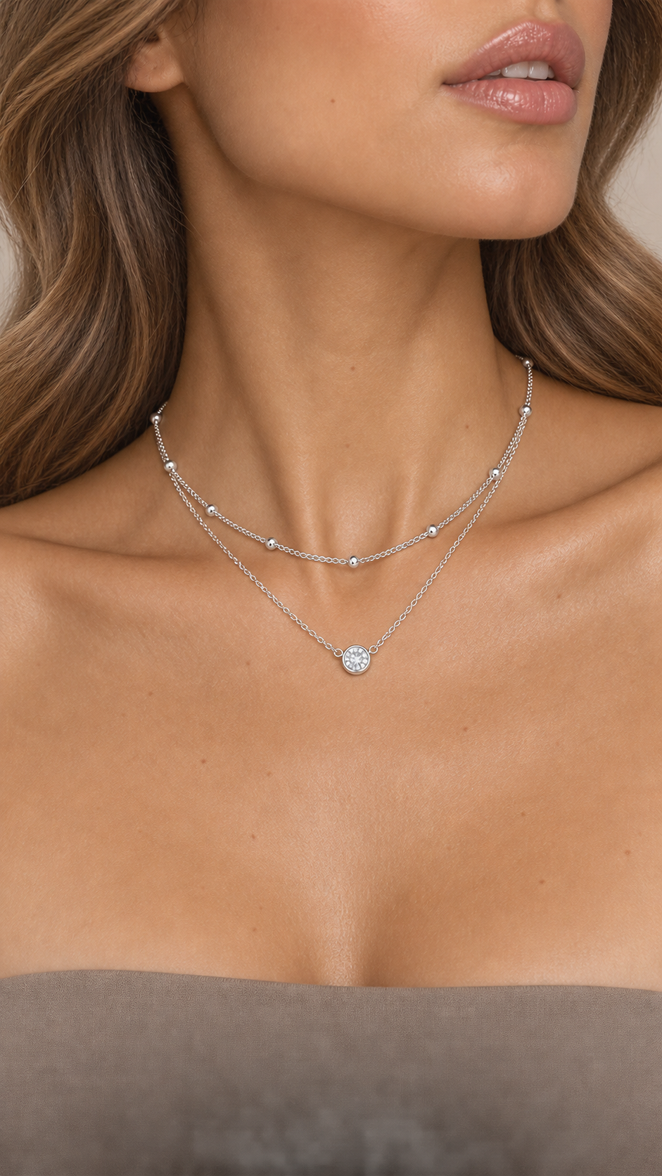 Celine Layered Pendant Necklace — Silver worn closeup
