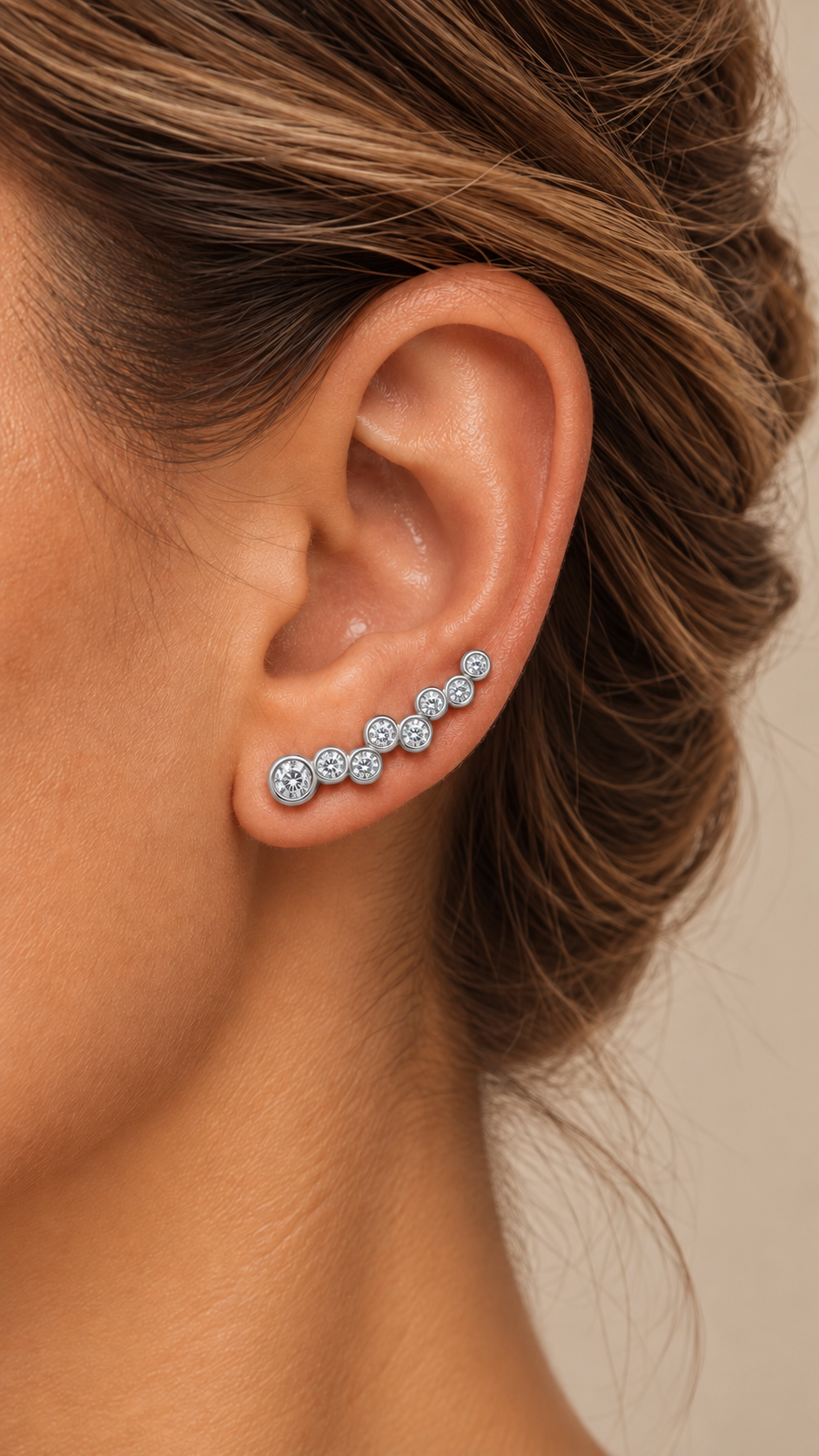 Ismene Bubble Ear Climber — Silver worn closeup