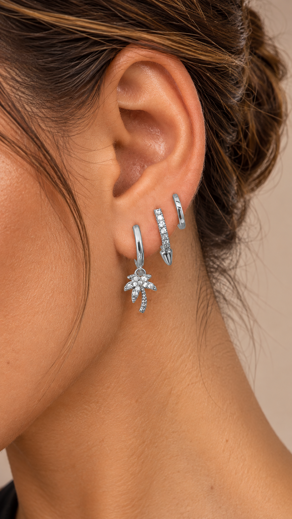 Zelie Huggie Hoop Set — Silver worn closeup